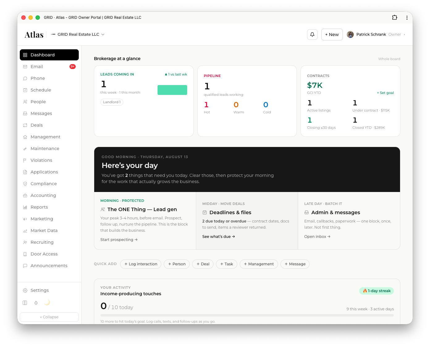 The Atlas dashboard showing the day's leads, tasks, and open deals on one screen